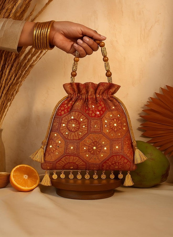KitchEase Women’s Designer Brocade Potli Bag for Weddings & Festive | Ethnic Bridal Potli with Beaded Handle & Drawstring | For Indian Traditional Brides (Multicolour) - Image 3